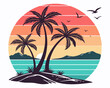 © Vector Craft - Beach Illustrations, Tropical Sunset with Palm Trees, Beach Paradise Vector Illustration, Sunset Island with Palms and Birds, Sunset Over the Ocean with Palms, Peaceful Beach Sunset Scene