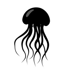 A simple black silhouette of a jellyfish with flowing tentacles against a white background.