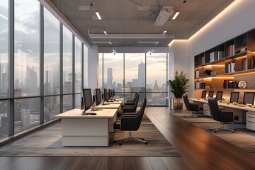 Wall Mural - Modern style high ceiling office interior with city view