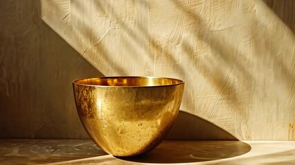 Fototapete - A stunning golden bowl sits elegantly on a wooden table, illuminated by gentle afternoon sunlight casting soft shadows on the textured wall behind it, creating a serene atmosphere.