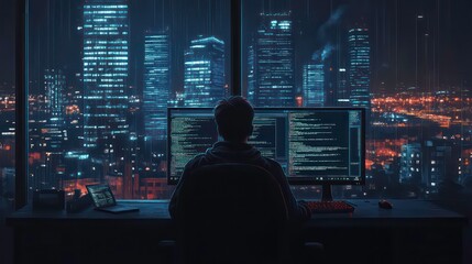 A lone hacker sits at a computer in a dark room, overlooking a cityscape. The screen displays lines of code and data, highlighting the digital world he inhabits.
