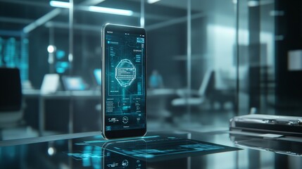 Smartphone with banking app interface and glowing network icons in modern business office background
