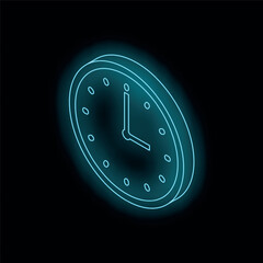 Neon blue clock face glowing on black background showing the concept of time passing