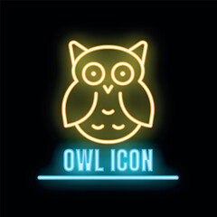 Sticker - Glowing neon line icon of an owl bird with big eyes, isolated on a black background