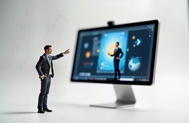 Leinwandbilder - Miniature businessman interacts with large computer screen showing digital presentation. Businessman gives online presentation. Teamwork concept. Global communication. Digital marketing.