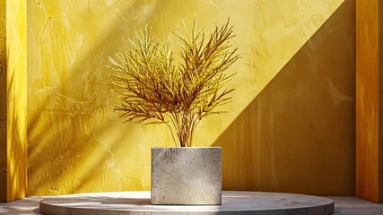 Aufkleber - A stylish pot filled with lush greenery sits atop a round table, beautifully contrasted against a bright yellow wall, creating a serene atmosphere.