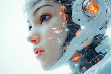 Wall Mural - an illustration of an artificial intelligence figure depicted against a stark white background, showcasing futuristic attributes and elements of technology, symbolizing innovation and advancement