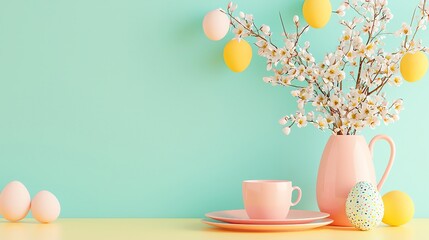 Wall Mural - Colorful spring decor with flowers and eggs.