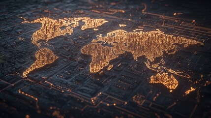 Fototapete - A glowing world map highlighted by city lights, representing global connectivity and urbanization in a dark background.