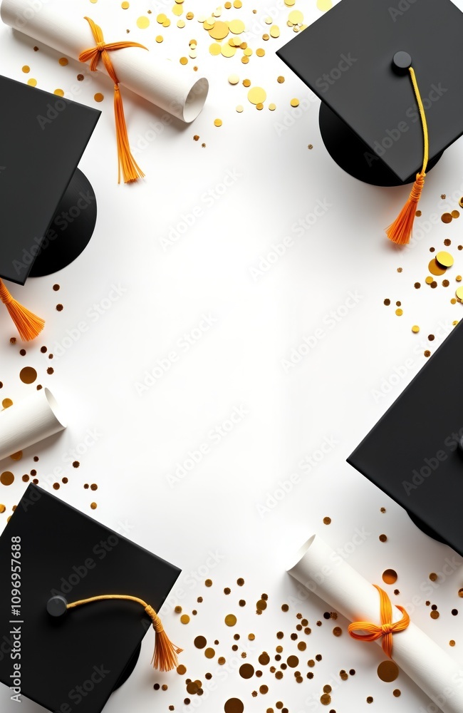 Graduation caps diplomas confetti frame mockup. Empty space for text ...