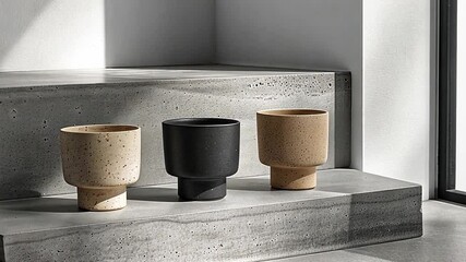 Fototapete - Three stylish planters in neutral colors rest on a concrete shelf, enhancing the modern aesthetic of the bright interior environment.