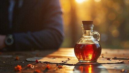 Wall Mural - Rustic Glass Bottle with Amber Liquid in Golden Autumn Light
