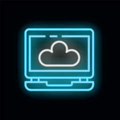 Wall Mural - neon blue icon of a laptop showing a cloud computing storage symbol, on a black background