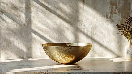 Aufkleber - A stunning golden bowl is placed on a smooth marble surface, illuminated by soft sunlight filtering through a nearby window. A simple plant adds a touch of nature to the minimalist decor.