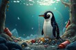 © miss irine - Penguin trapped in net surrounded by plastic garbage on beach. Pollution harms wildlife. Eco disaster. Save penguins. Protect nature. Global warming impact. Animals in danger. Help wildlife. Earth