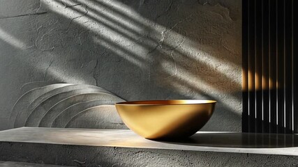 Poster - A golden bowl rests on a concrete surface, illuminated by sunlight pouring through a window, creating dramatic shadows on a textured wall.