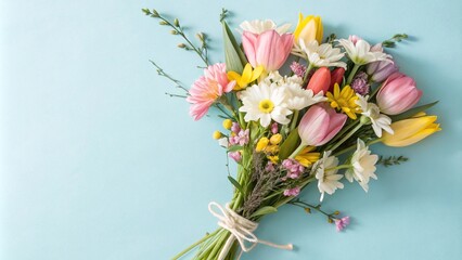 A whimsical bouquet of spring flowers on a light blue paper background with playful brushstrokes and bright colors, tulip, floral arrangement, vibrant, daffodil, paper background