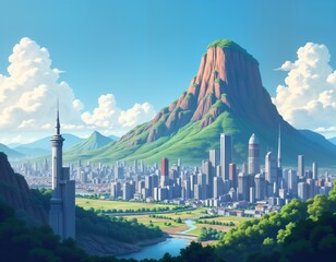 Fototapete - Futuristic city nestled beside green hills. Modern skyscrapers contrast nature. Tall tower stands out. Unique landscape. Digital art. Wallpaper design. Background image. Sci-fi vibe. Clean lines.