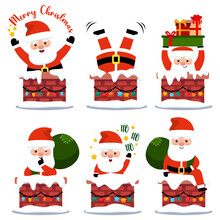 Merry christmas with a set of Santa Claus entering the chimney decorated with Christmas lights vector illustration