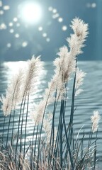 Wall Mural - a field of tall grass is next to a lake or sea, vertical