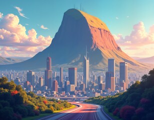 Poster - Futuristic city skyline. Modern skyscrapers. Large curved hill background. Highway road. Abstract design. Digital art. Tech wallpaper. Sci-fi landscape. Urban scene. Virtual reality. 3D render.