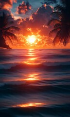 Wall Mural - a beautiful sunset over the ocean with palm trees in the background