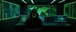 © Funtasydeveloper - A hooded figure stands in a digital realm with computer screens featuring blockchain and cryptocurrency imagery, conveying themes of mystery and cybersecurity.