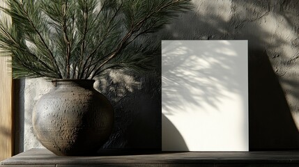 Poster - A minimalist scene featuring a blank canvas beside a textured vase and greenery.