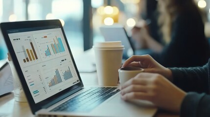 Aufkleber - A person analyzing data on a laptop while holding a coffee cup in a cozy setting.