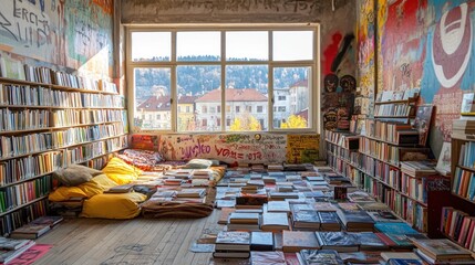Aufkleber - A cozy, colorful room filled with books and cushions, inviting reading and relaxation.