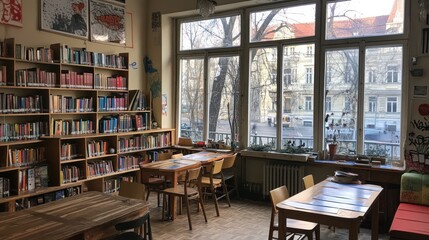 Aufkleber - A cozy library space with bookshelves, tables, and large windows overlooking a street.
