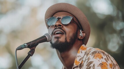 Poster - A musician passionately performing on stage, wearing sunglasses and a stylish hat.