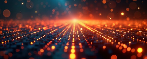 Poster - Abstract glowing circular pattern background. Vibrant orange highlights. Futuristic tech design. Digital art. Network system. Cyberspace concept. Energy radiance. Graphic texture. Virtual interface.