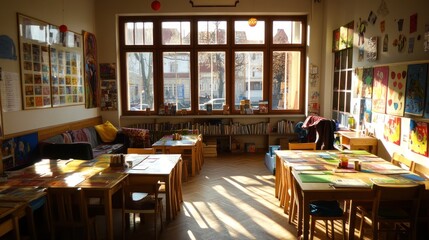 Aufkleber - A bright, inviting classroom with wooden tables, colorful decor, and large windows.