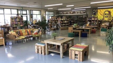 Aufkleber - A cozy, vibrant library space filled with books, seating, and plants for community engagement.