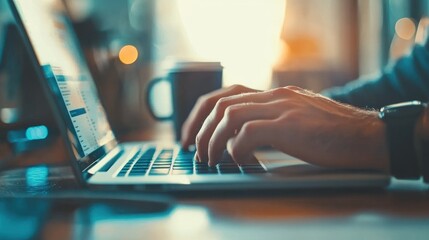 Poster - A person typing on a laptop with a coffee cup nearby, suggesting productivity and focus.