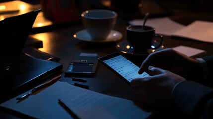 Poster - A person using a smartphone at a desk with a cup of coffee and documents in low light.