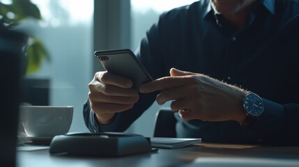 Poster - A person using a smartphone while seated at a desk with a coffee cup and notepad.