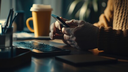 Aufkleber - A person using a smartphone while sitting at a desk with a coffee cup and keyboard nearby.