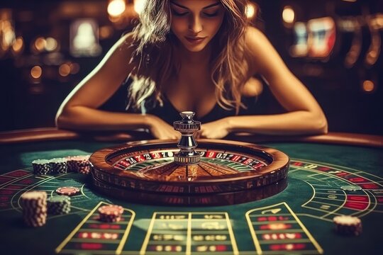 Woman intently watches roulette wheel spin in casino