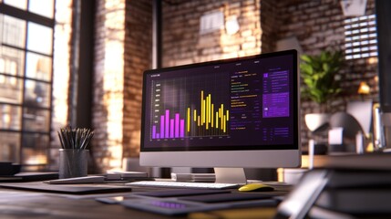 Poster - A modern workspace featuring a computer displaying colorful data visualizations.