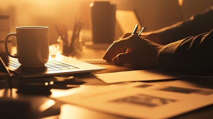Poster - A workspace with a laptop, a coffee cup, and a person writing notes in warm lighting.