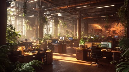 Aufkleber - A vibrant office space filled with plants and natural light, promoting a healthy work environment.