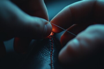 Aufkleber - A close-up of hands sewing with a needle and thread on leather, highlighting craftsmanship.