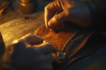 Aufkleber - A close-up of hands sewing leather with a needle and thread on a wooden surface.