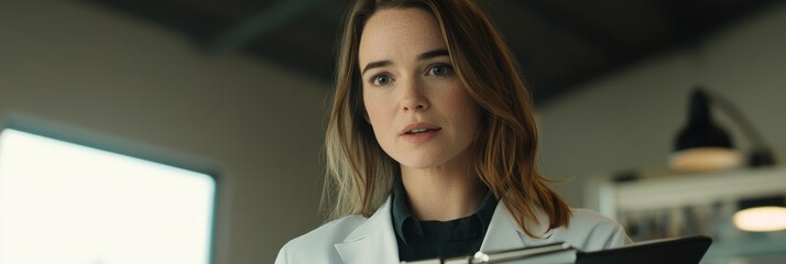 Poster - A focused professional in a lab coat appears engaged in a discussion or analysis.