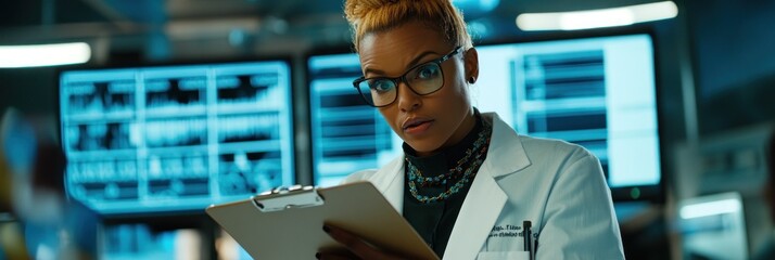 Poster - A focused professional in a lab coat reviews data on a clipboard in a high-tech environment.