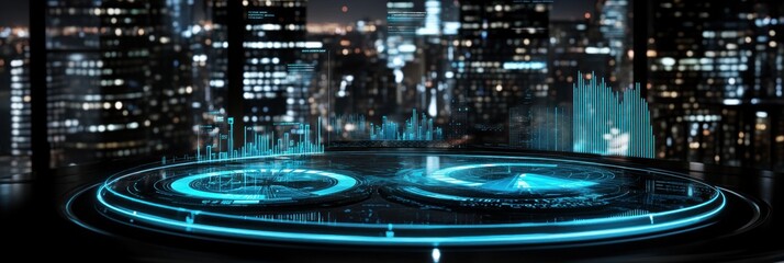 Aufkleber - Futuristic cityscape with a holographic interface and digital elements.