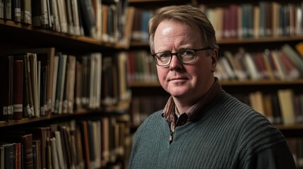 Aufkleber - A man in a library stands in front of bookshelves, conveying a scholarly atmosphere.