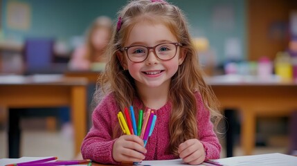 Aufkleber - A smiling girl in glasses holds colorful markers at a desk, engaged in creative activities.